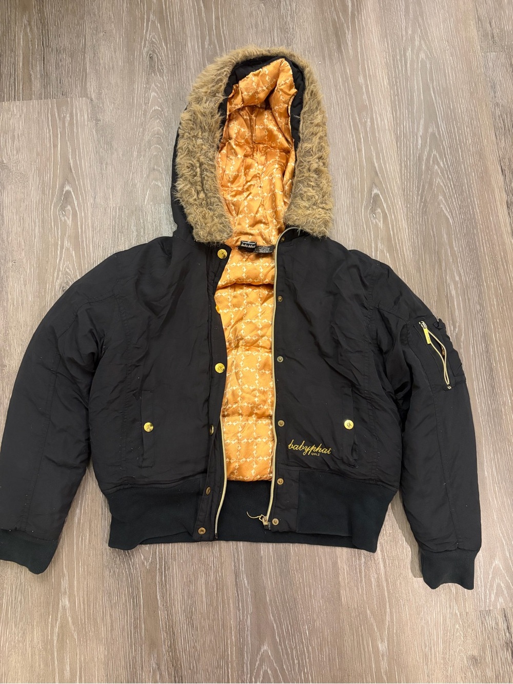 Baby Phat Black Puffer Jacket with Gold Quilted Lining